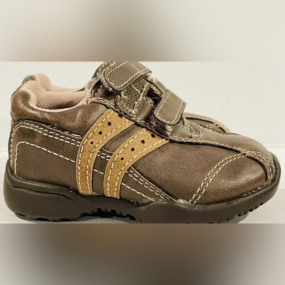 Baby Boy Brown Velcro Shoes Size 1 Newborn Infant Sneakers Faded Glory Slip On - Picture 3 of 5
